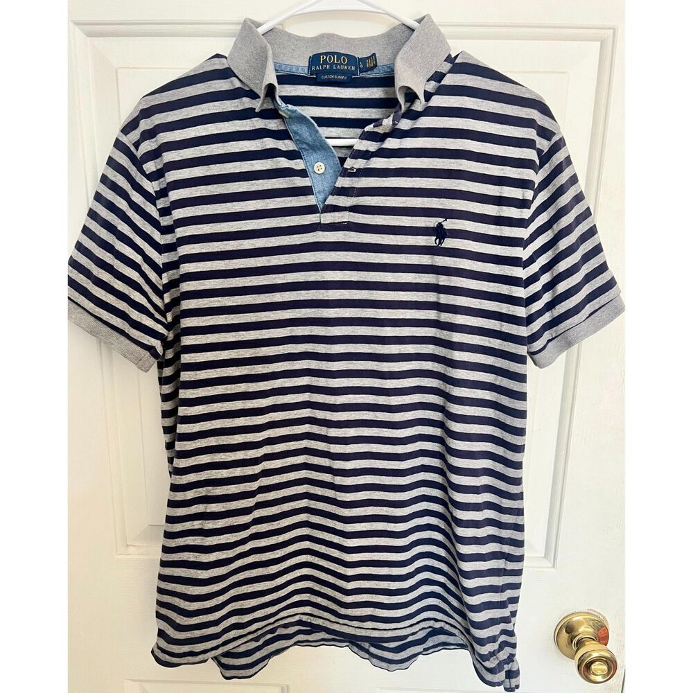 Polo Ralph Lauren Striped Polo Shirt, Size Medium, Gray & Navy